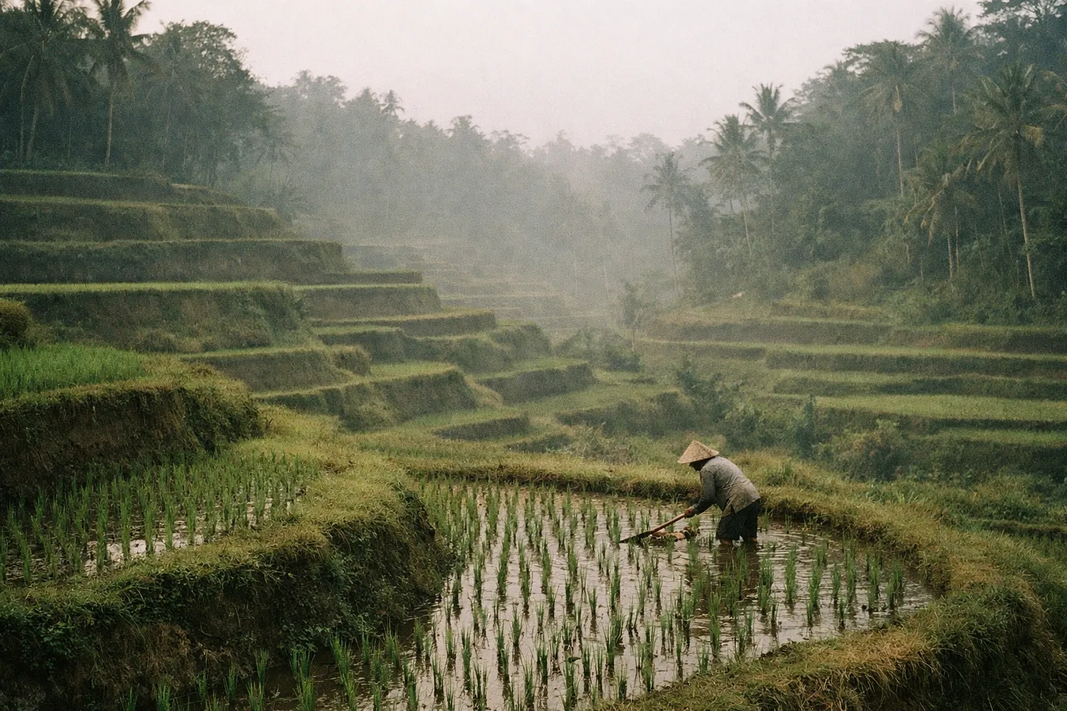 A farmer works in the flooded terraces of Tegallalang rice fields surrounded by lush greenery in Bali.