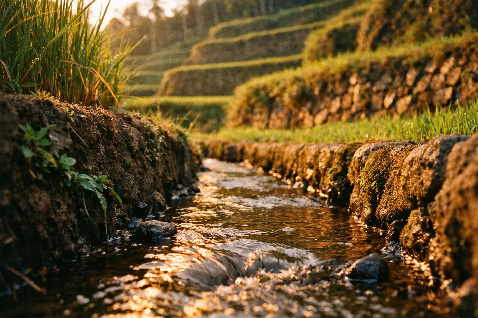 A close-up view of water flowing through the Tegallalang rice terraces in Bali at sunset.