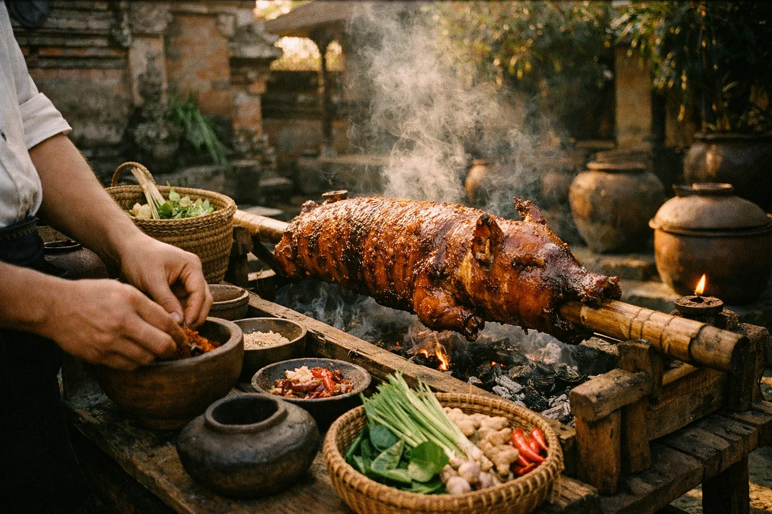 Traditional Balinese Babi Guling on a spit in a rustic courtyard during golden hour