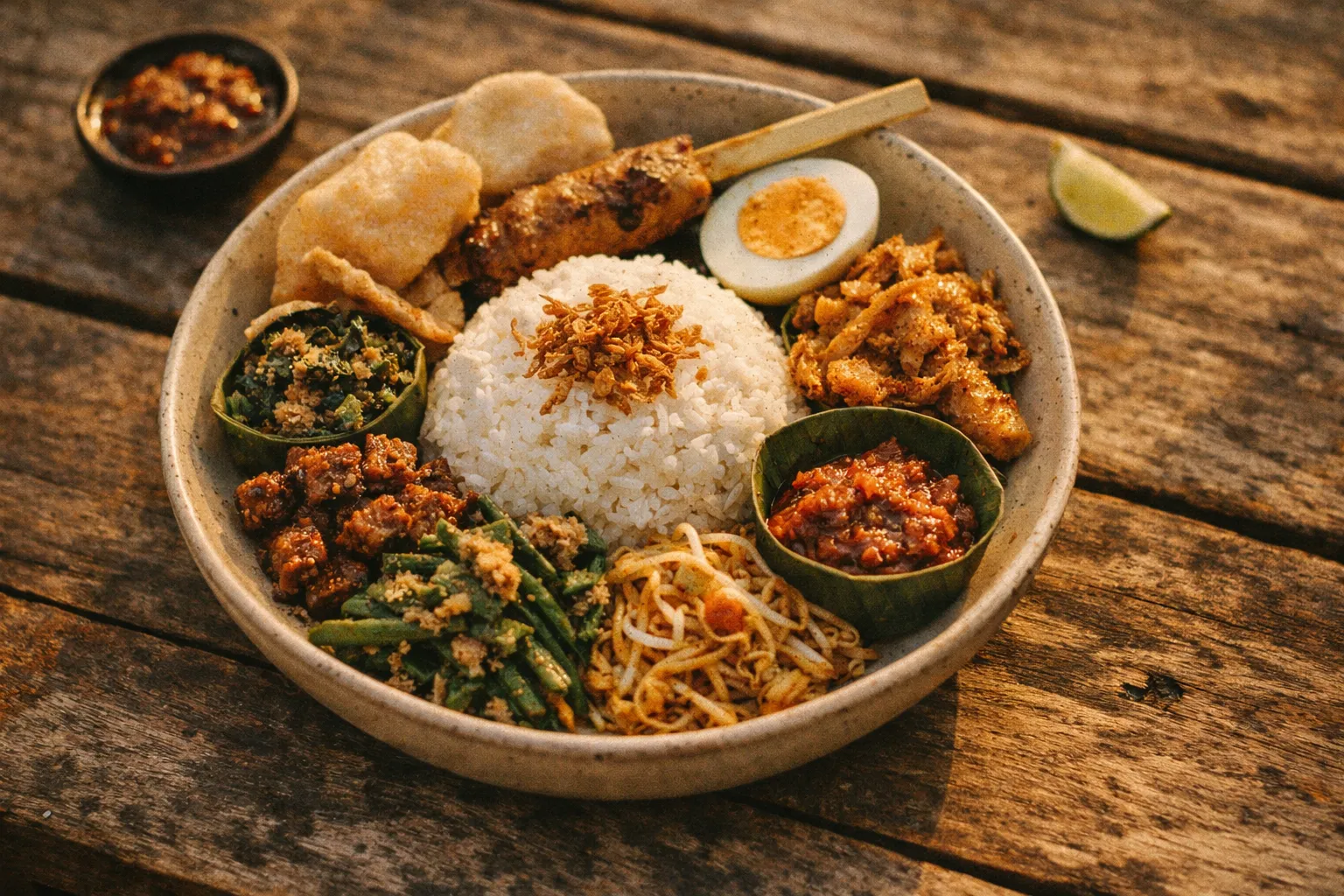 bowl of rice with various Indonesian side dishes, vegetables, sambal, half boiled egg, and a skewer on a wooden table