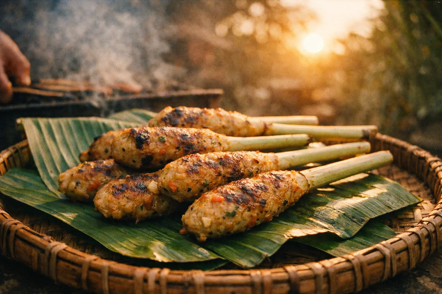 Sate Lilit skewers on banana leaves with a smoky background