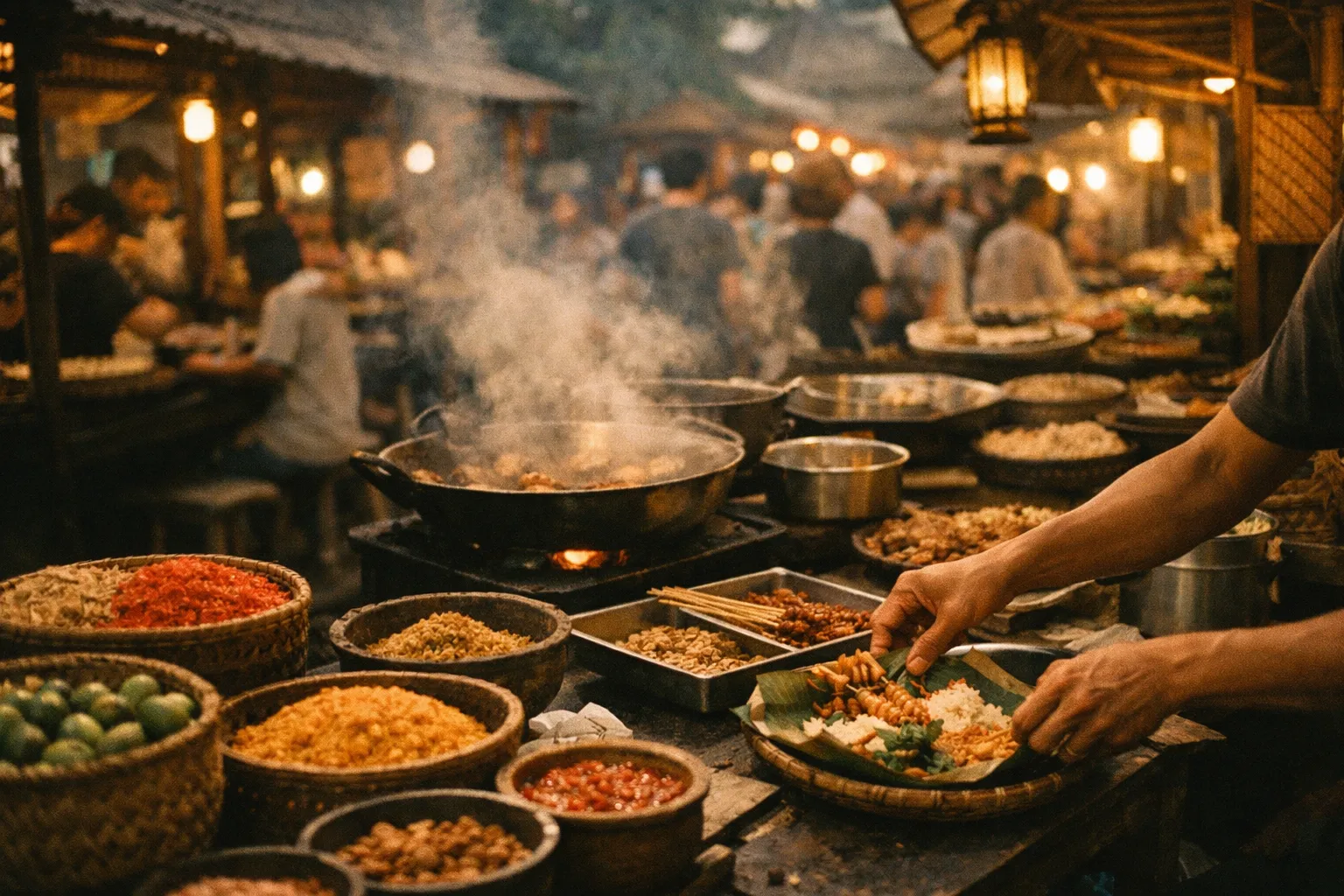 Balinese street food stalls at dusk with steaming pots and spice baskets