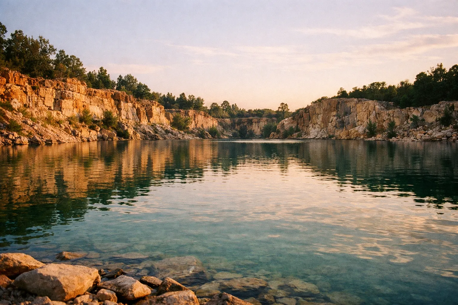 Editorial landscape of the Blue Lagoon with turquoise water and surrounding quarry walls at golden hour