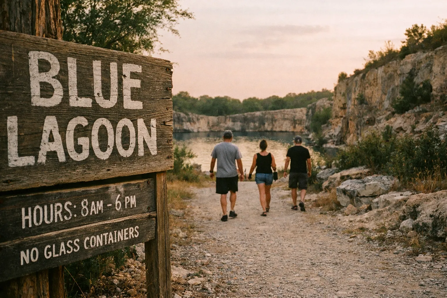Pathway to the Blue Lagoon with rustic signage and a gravel trail