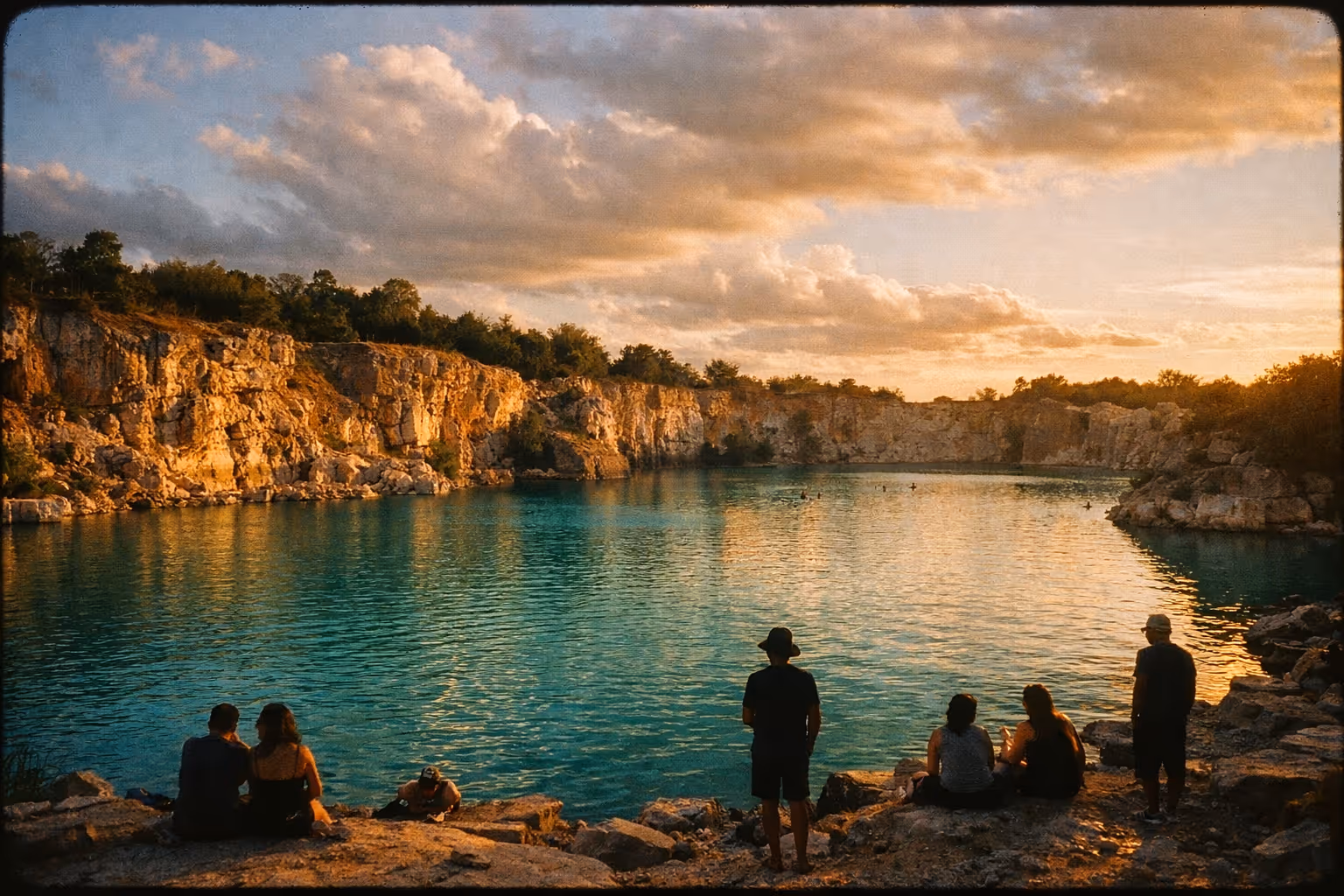 Golden-hour editorial landscape of the Blue Lagoon near Huntsville, Texas, turquoise water and rugged quarry walls with silhouettes along the shore