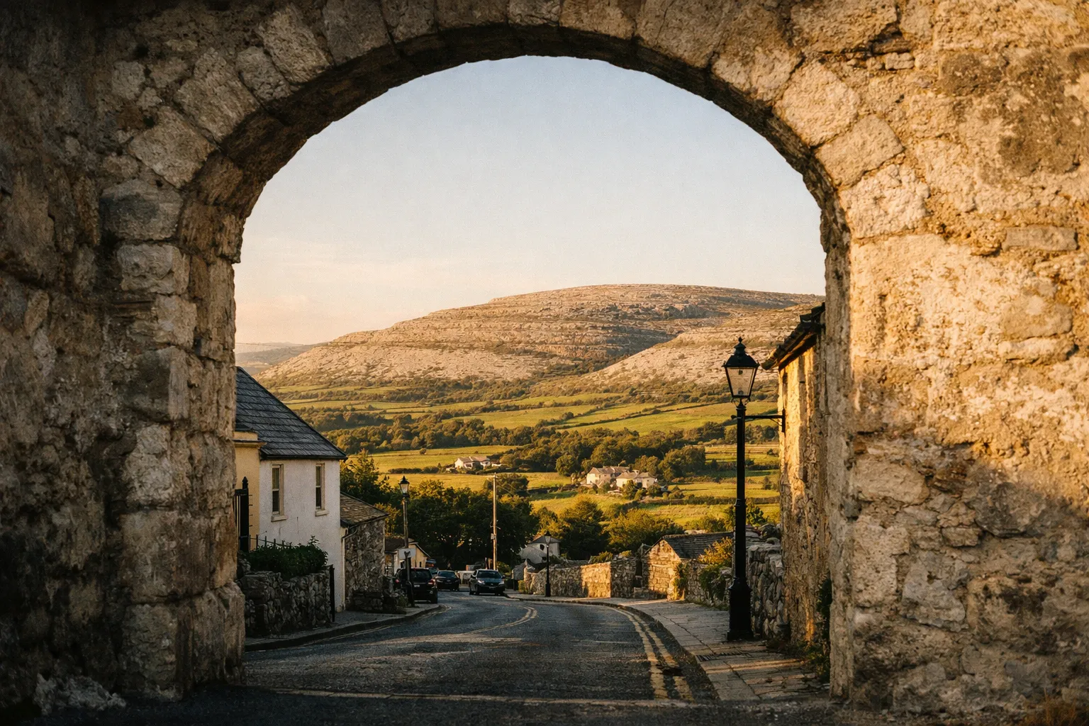 A stone arch frames a village street with The Burren hills visible in the background.