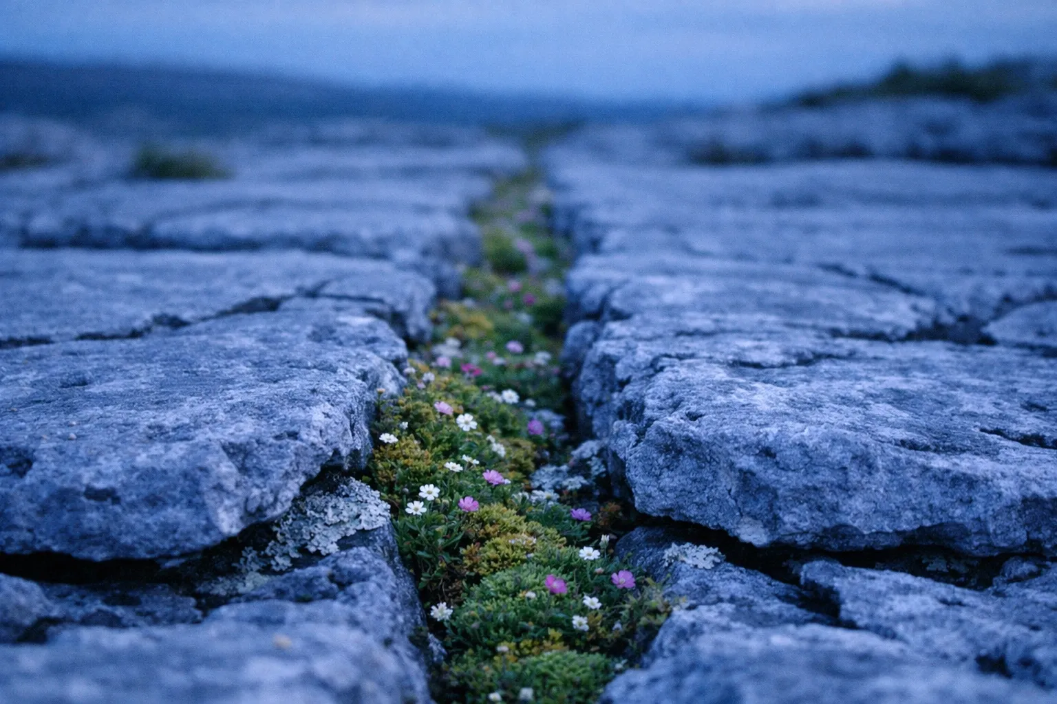 Wildflowers growing between limestone slabs in the Burren landscape.