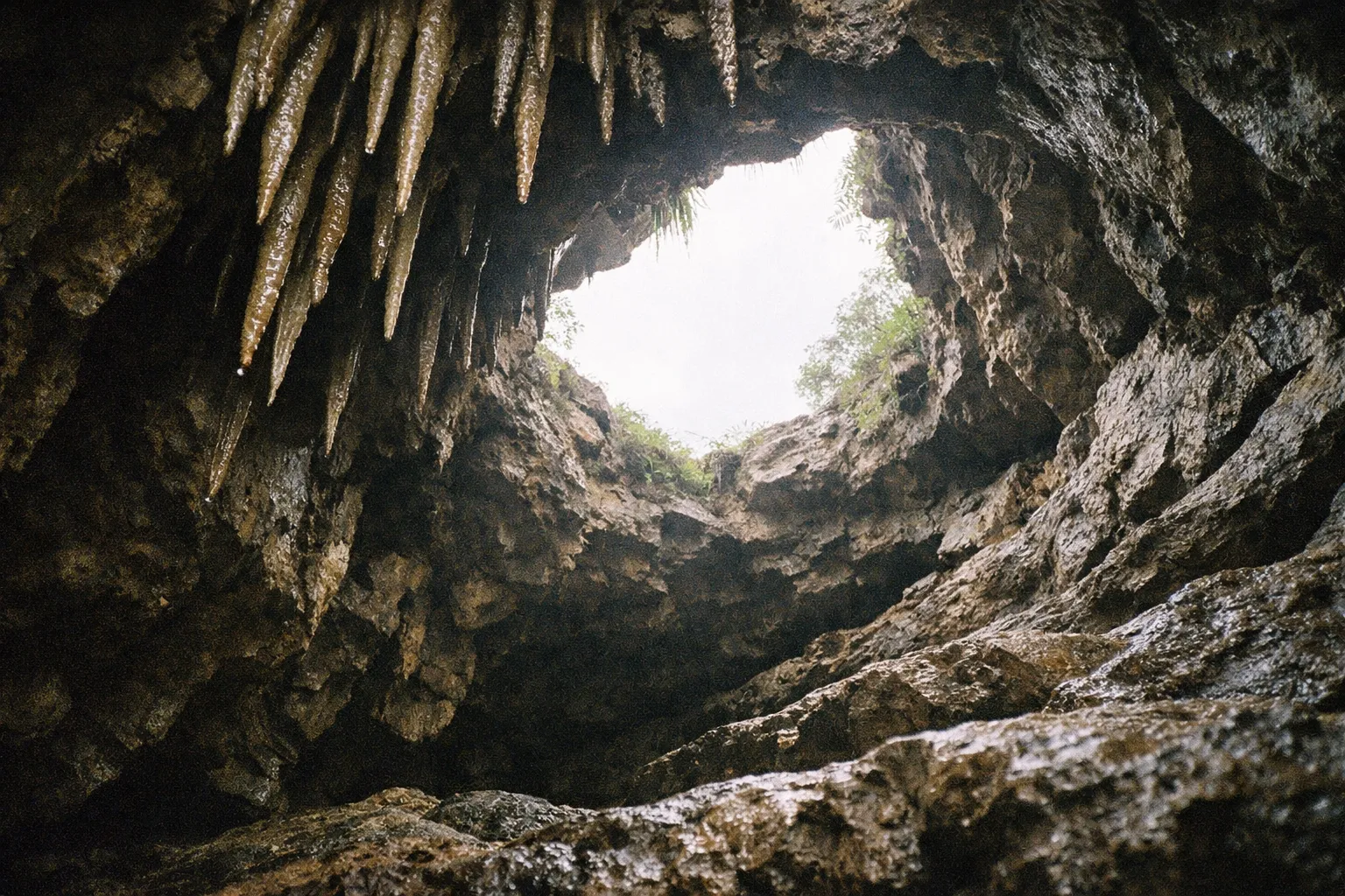 View from inside a rocky cave with stalactites, looking up toward an opening and greenery above.