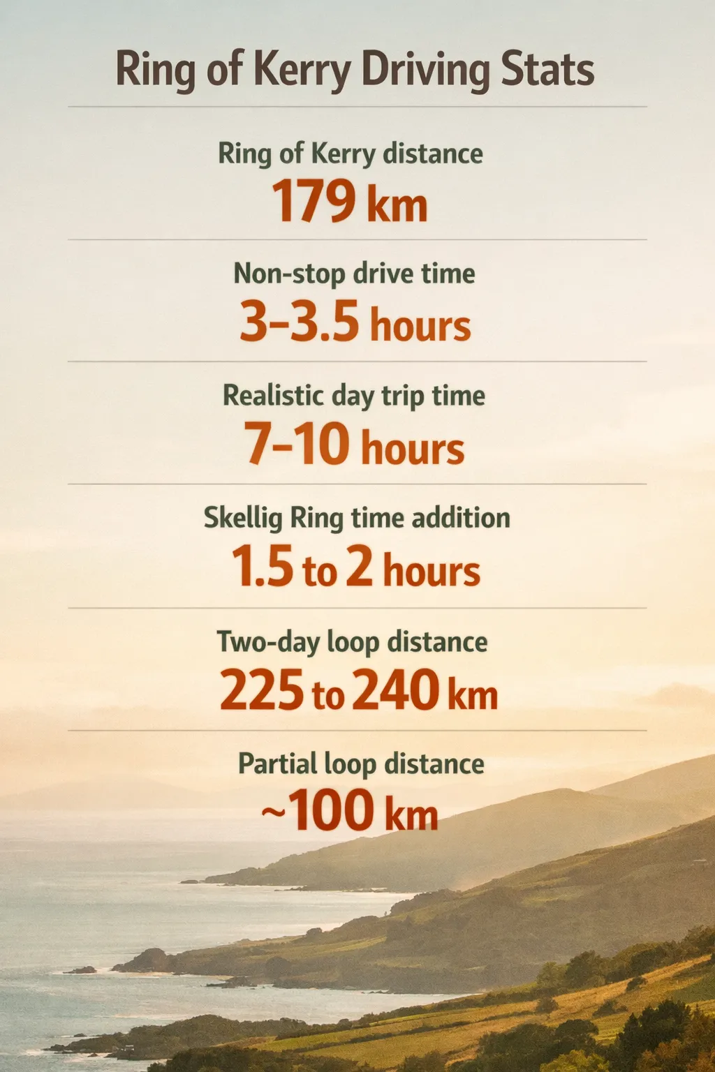 Ring of Kerry infographic showing 179 km loop, nonstop 3-3.5 hours, realistic day 7-10 hours, Skellig Ring adds 1.5 to 2