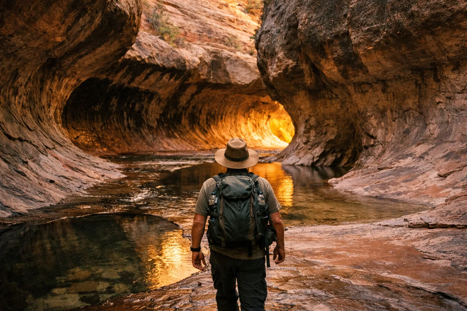 Back view of a hiker walking toward the Zion Subway entrance during golden hour, canyon walls towering around.