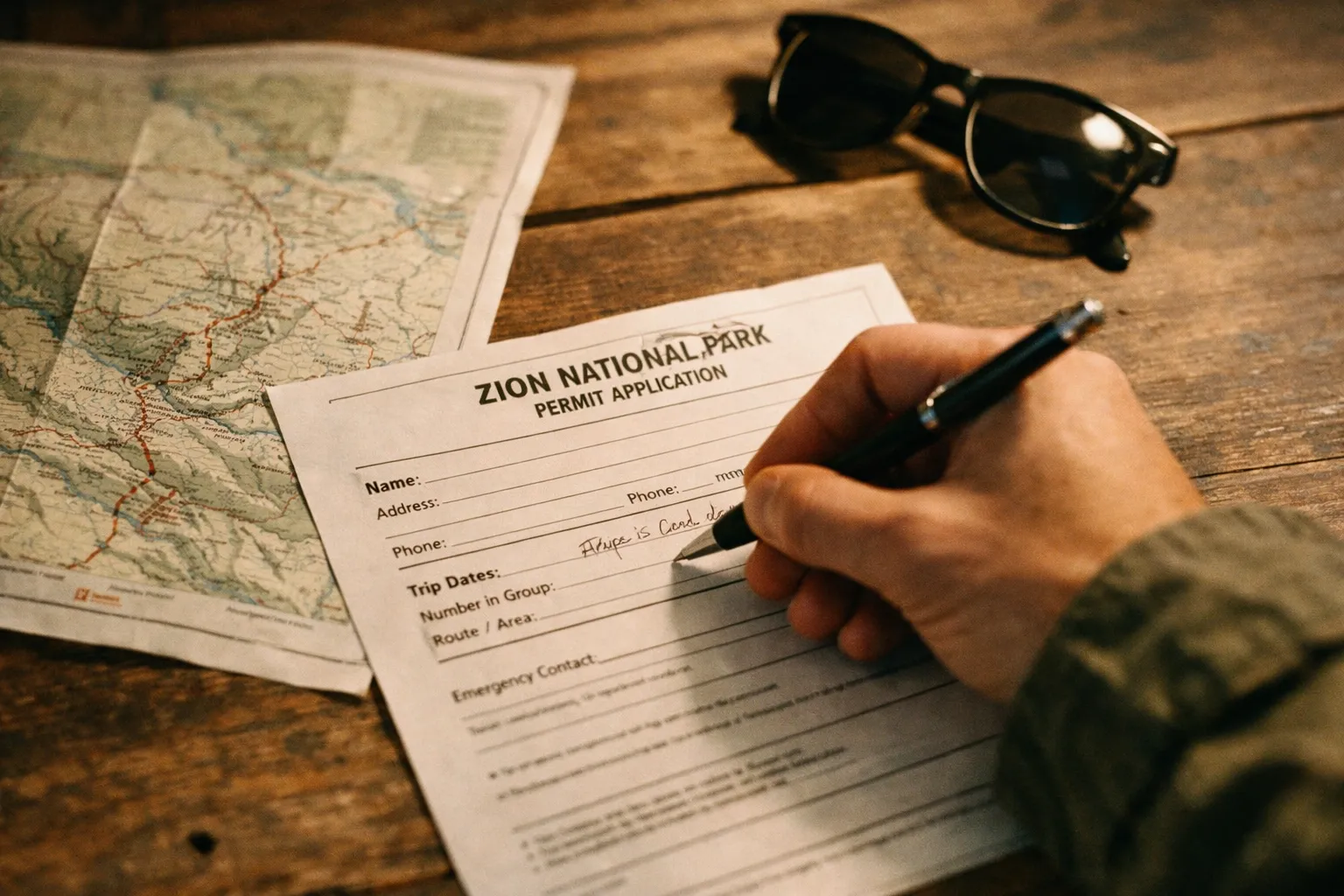 Close-up of a hand filling out a Zion Subway permit on a wooden desk with a map in warm light.