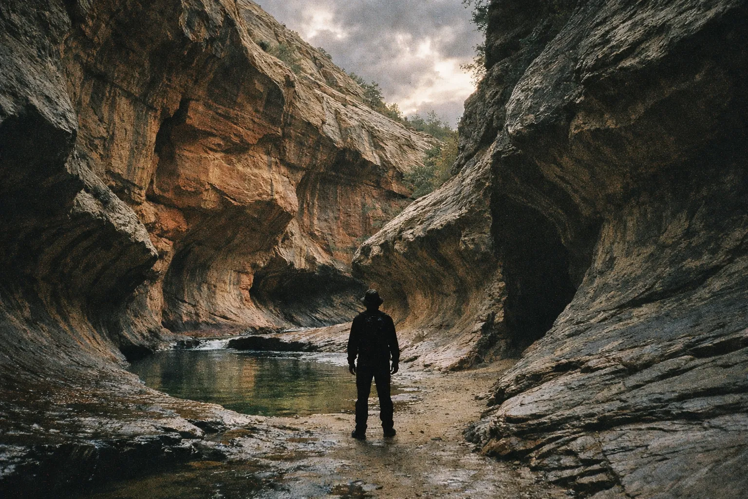 Two route choices at a canyon junction in Zion Subway, a lone silhouette at the fork.