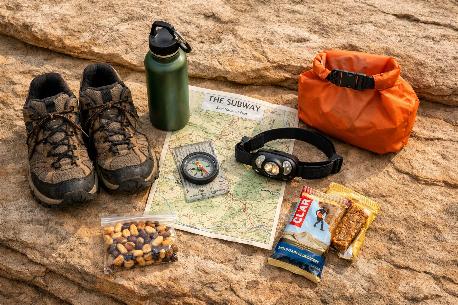 Flat lay of essential Subway trail gear arranged on a rock: shoes, water bottle, map, compass, headlamp, snacks.