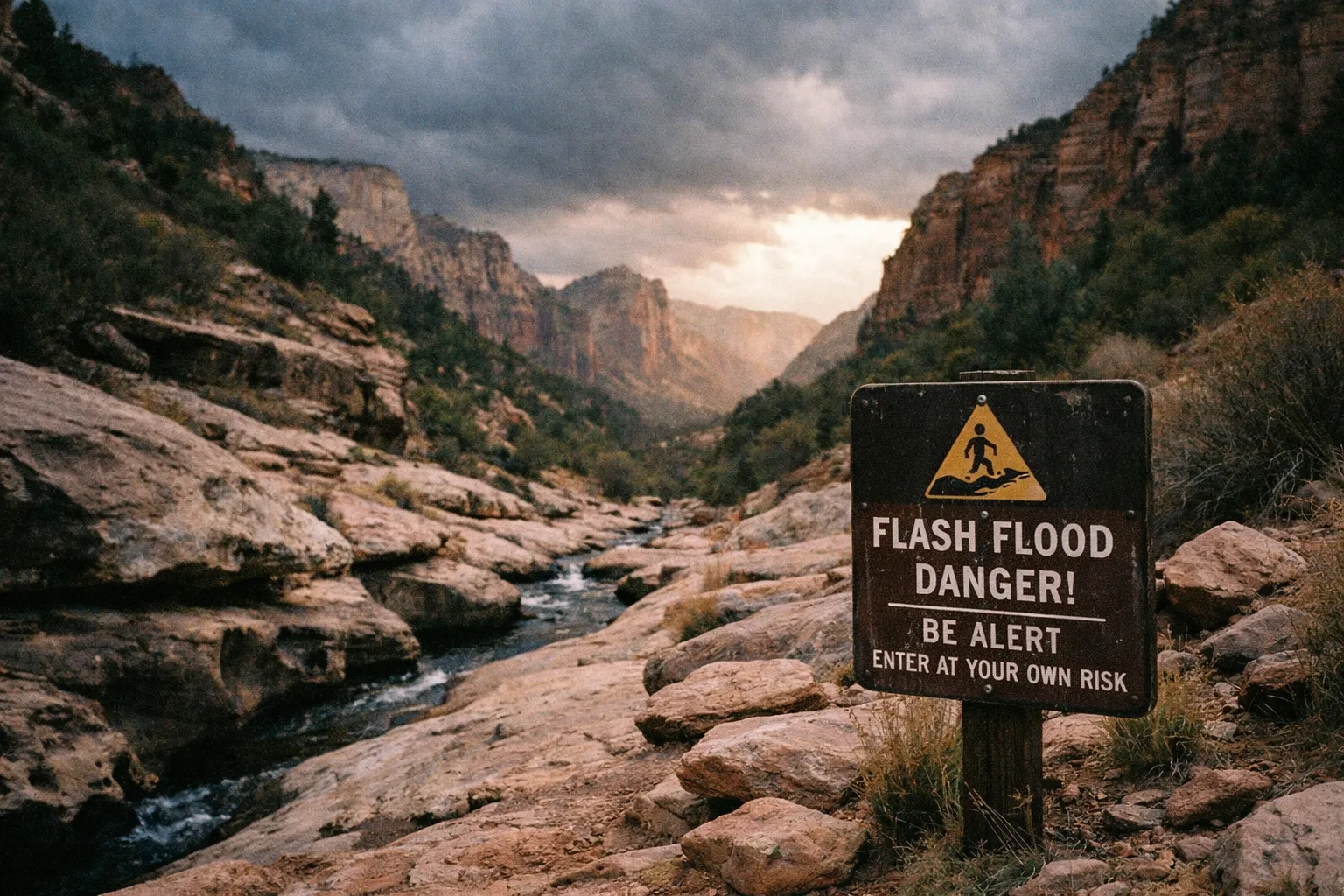 Stormy sky over the Zion Subway approach with a weathered warning sign hinting at flash floods.