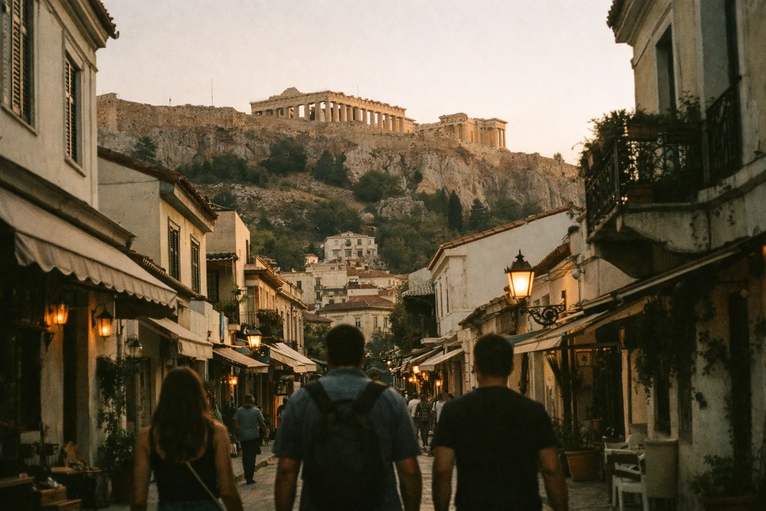 People walk down a street in Athens with the Acropolis visible on the hill above.