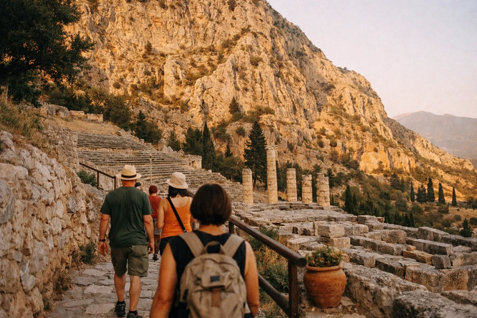 Tourists walk among ancient ruins and stone columns at the archaeological site of Delphi in Greece.