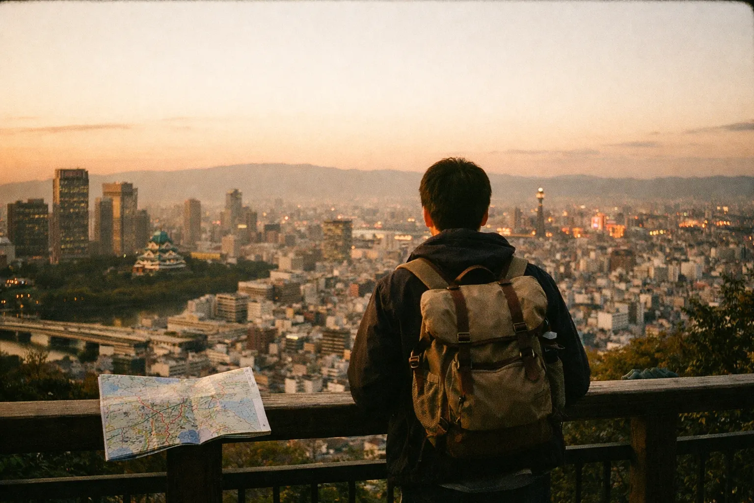 Traveler with backpack overlooking Osaka skyline at sunrise, map in hand