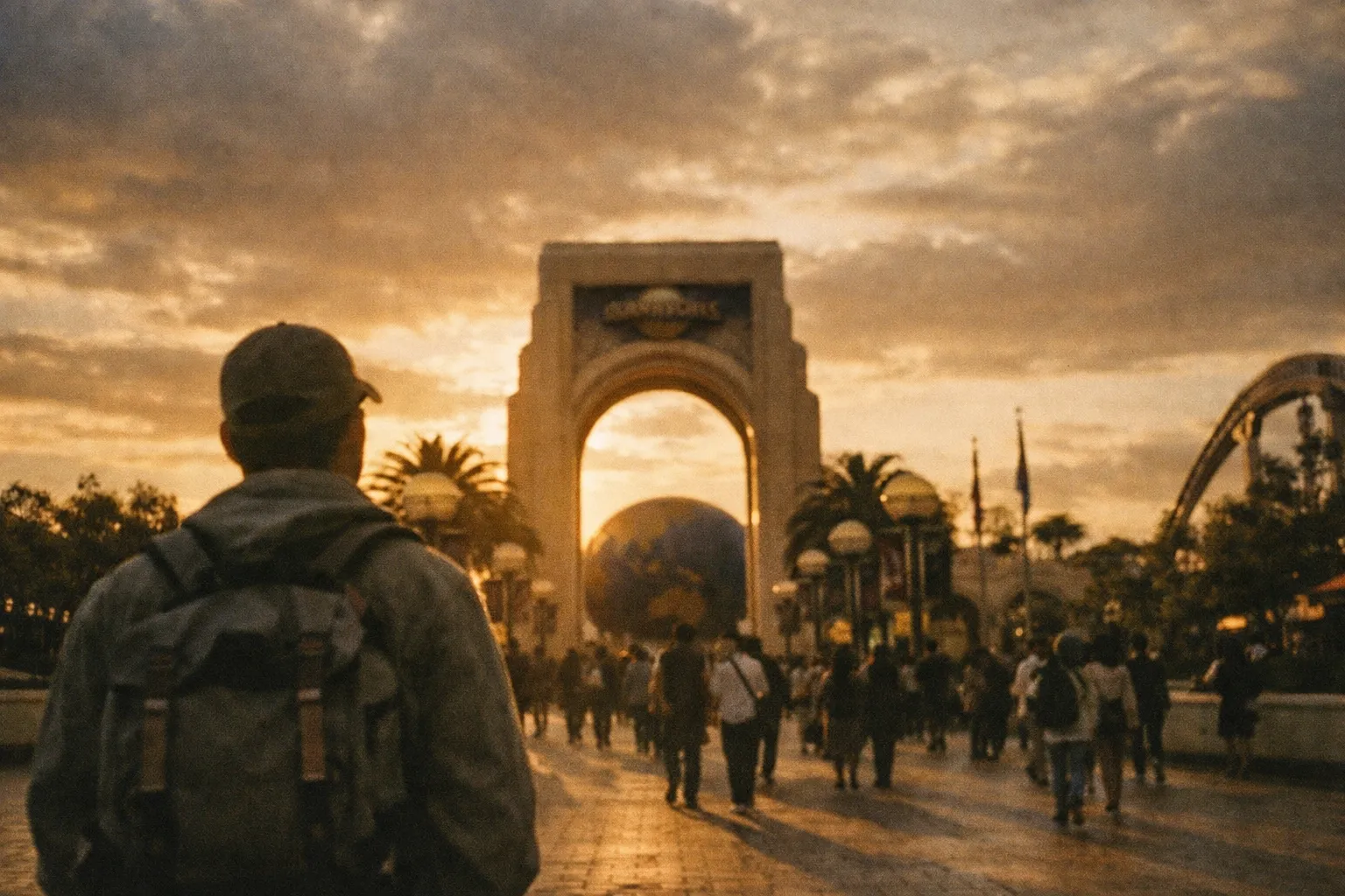 Editorial plaza of Universal Studios Japan with distant silhouettes of visitors, backpack in foreground