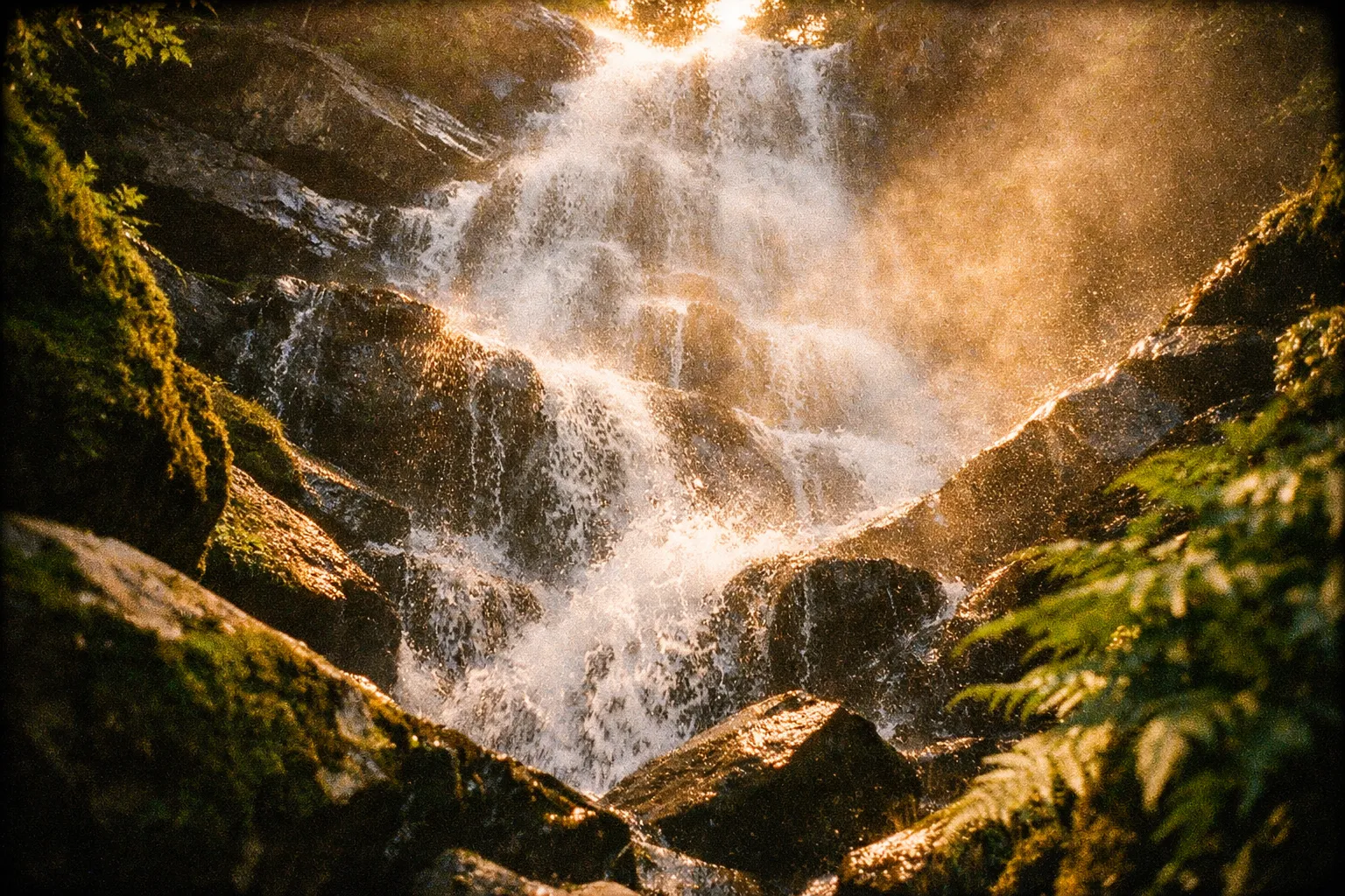 A waterfall cascades over mossy rocks surrounded by lush green foliage in a forest setting.