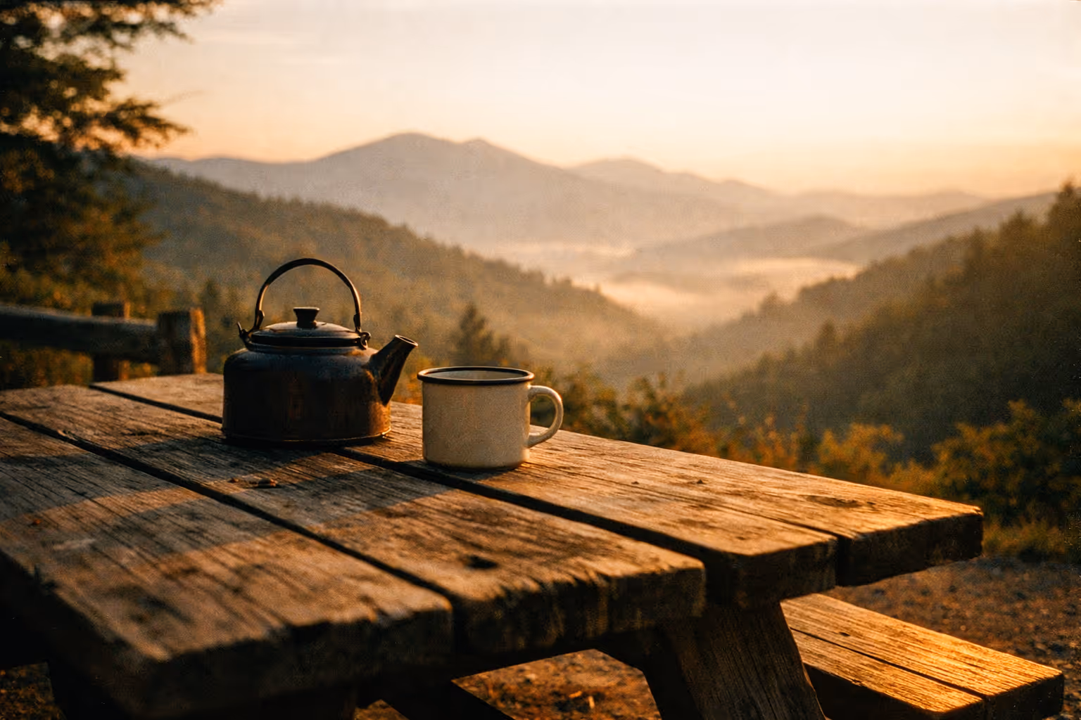 A teapot and mug rest on a wooden picnic table overlooking misty mountains at sunrise.