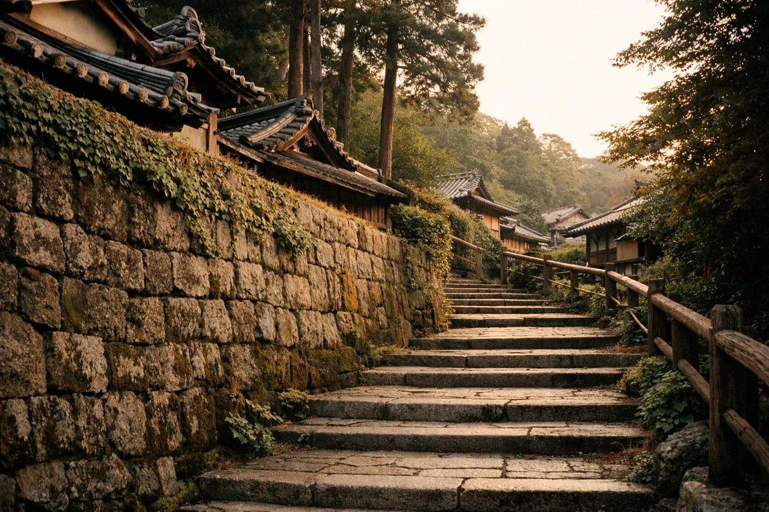Higashiyama hillside temple roofs at dawn in Kyoto