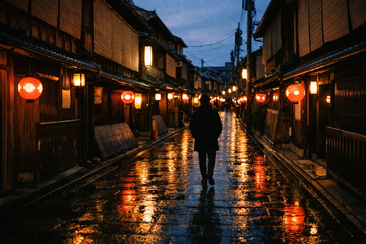 Gion alley with lanterns and wooden facades at dusk