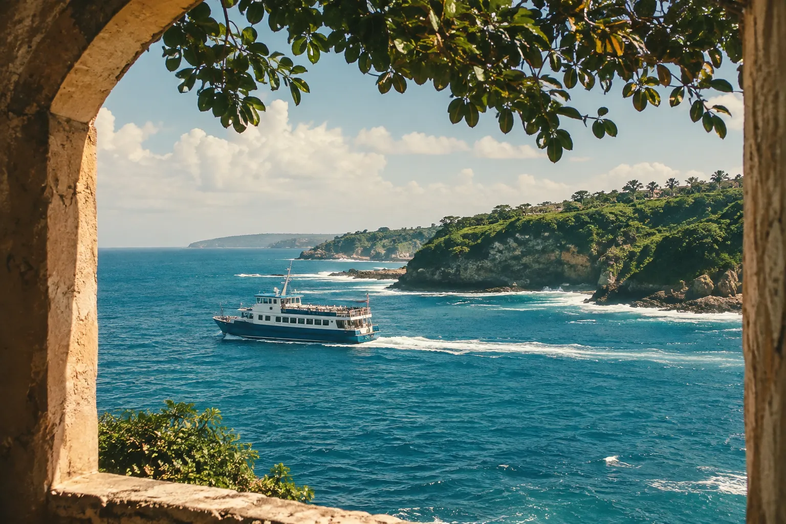 A passenger boat passes a green rocky coastline in Aguadilla, viewed through a stone arch.
