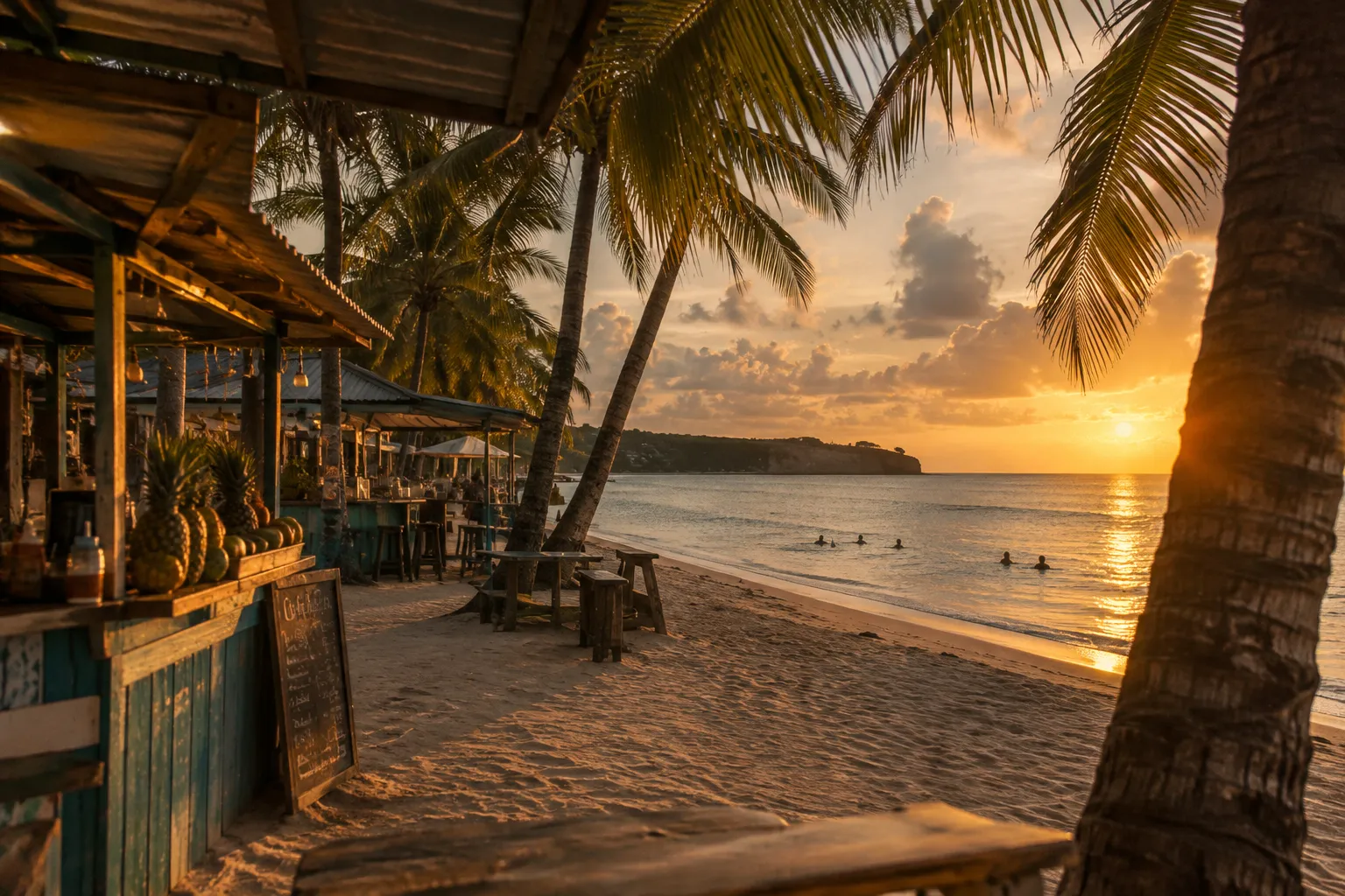 A beachside café sits beneath palm trees beside swimmers at sunset.