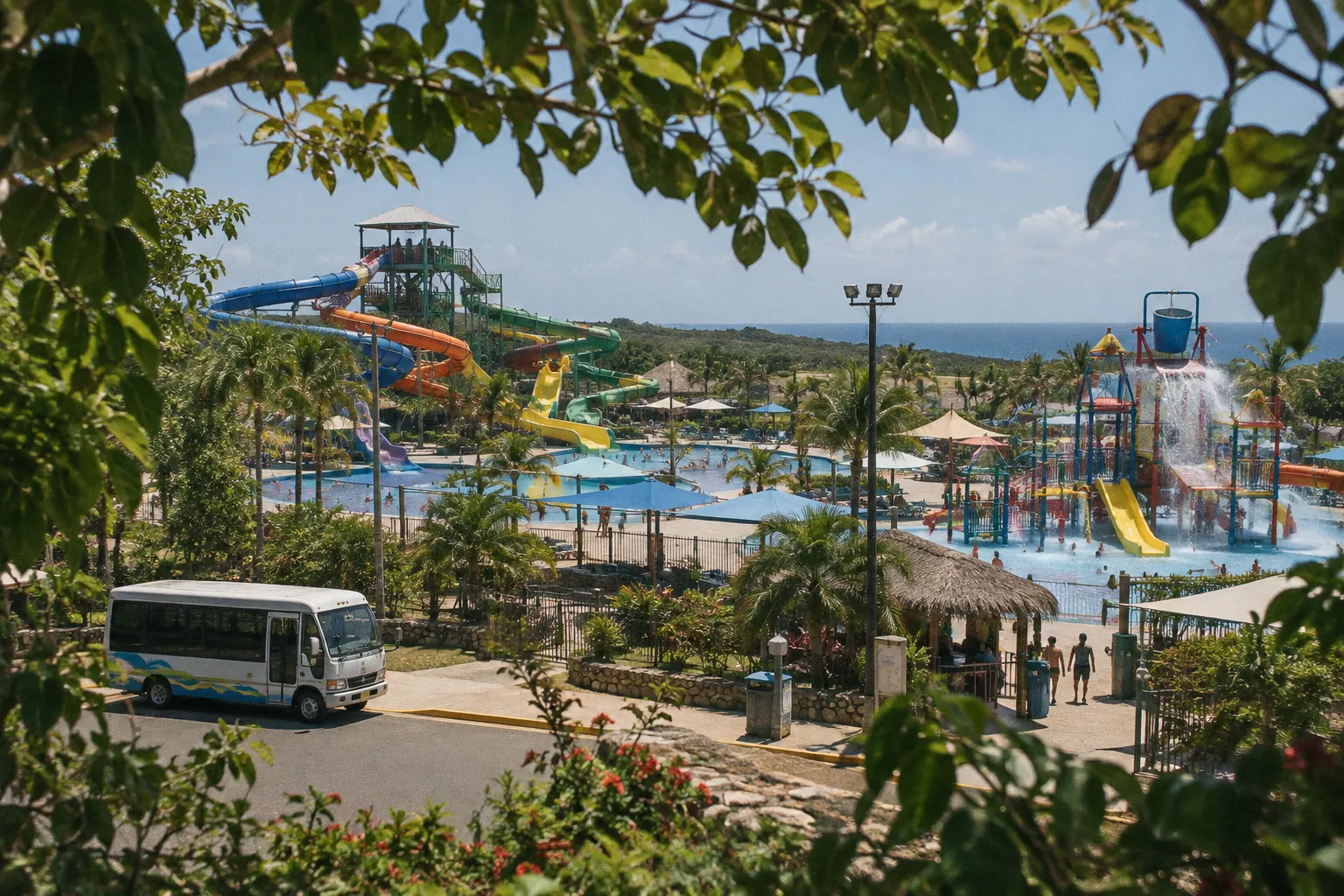 Water slides and pools fill a tropical water park beside the coast.