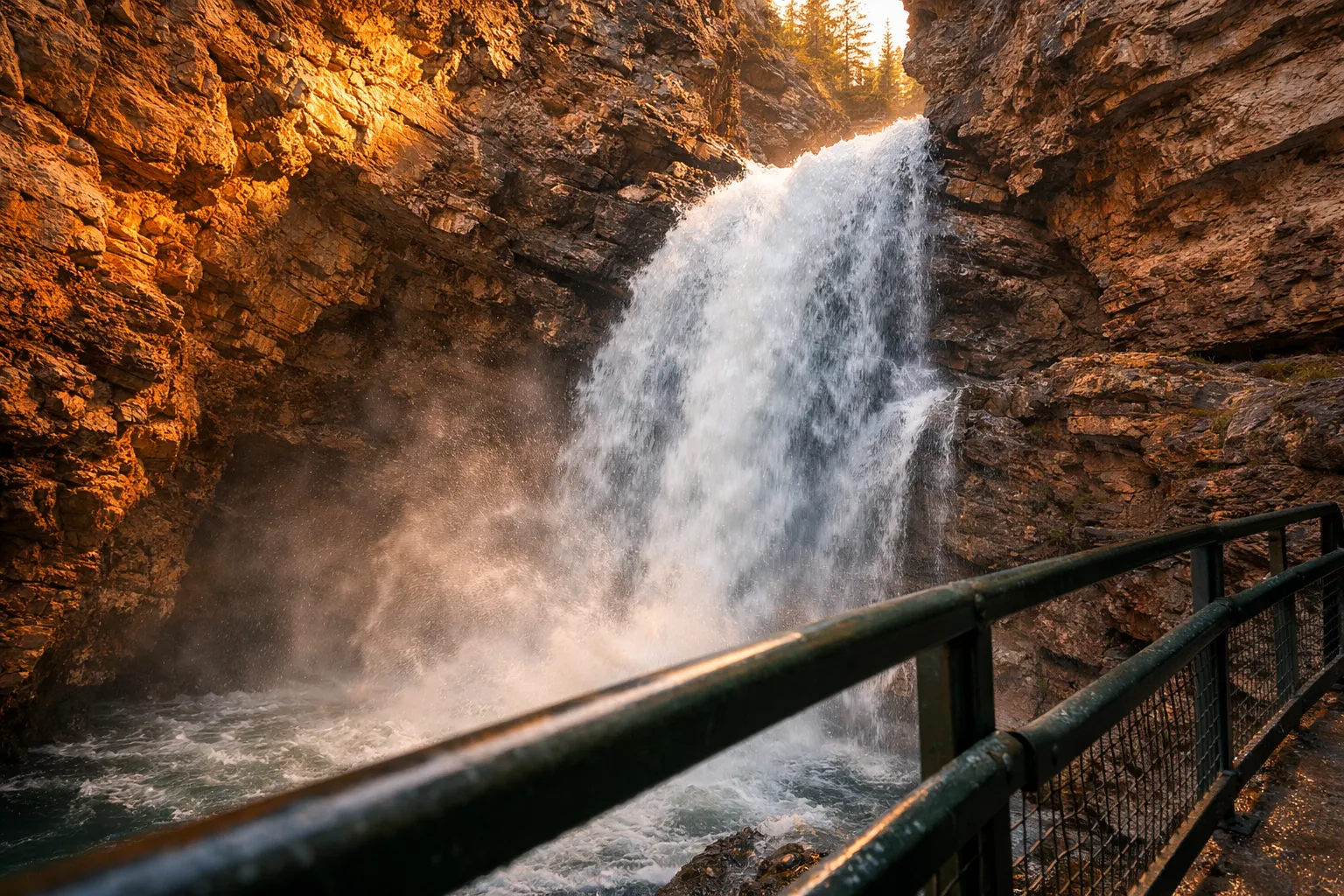 Johnston Canyon waterfall cascades into a rocky gorge beside a metal walkway in Banff National Park.
