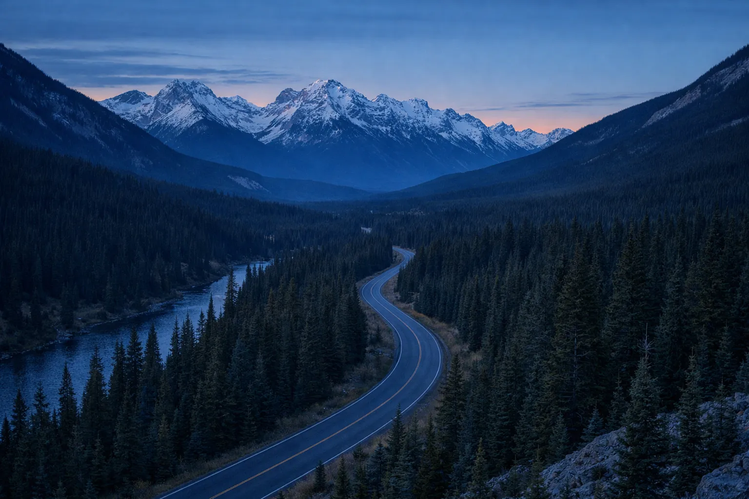 A winding road runs through dense forest with snow-capped mountains in the background near Banff.