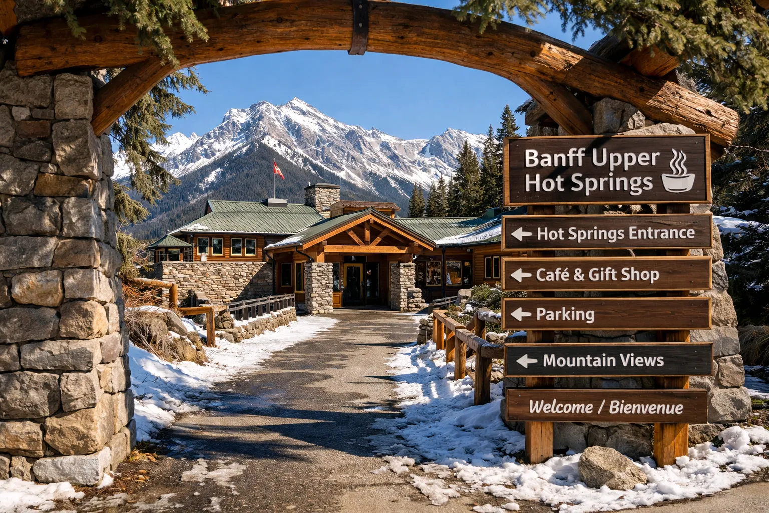 Entrance to Banff Upper Hot Springs with a wooden lodge and snowy mountain backdrop.