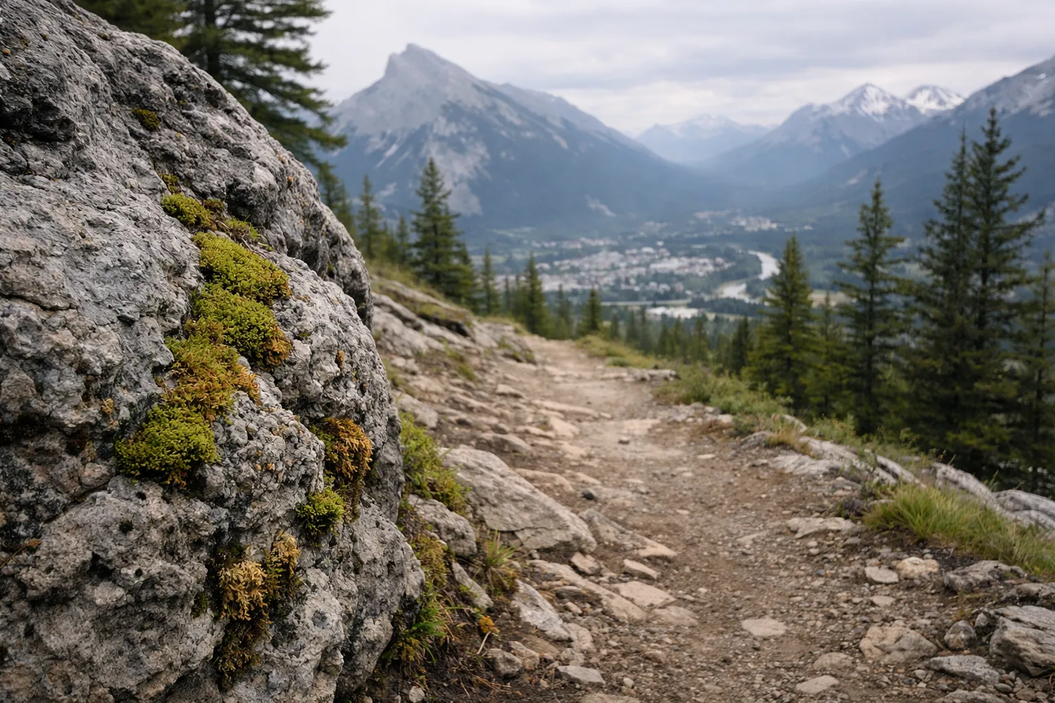 A hiking trail overlooks Banff town and surrounding mountains with forested slopes and rocky outcrops.