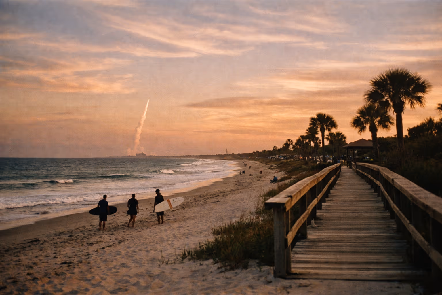 Cocoa Beach coastline with surfers, pier, and distant Cape Canaveral rocket launch plume