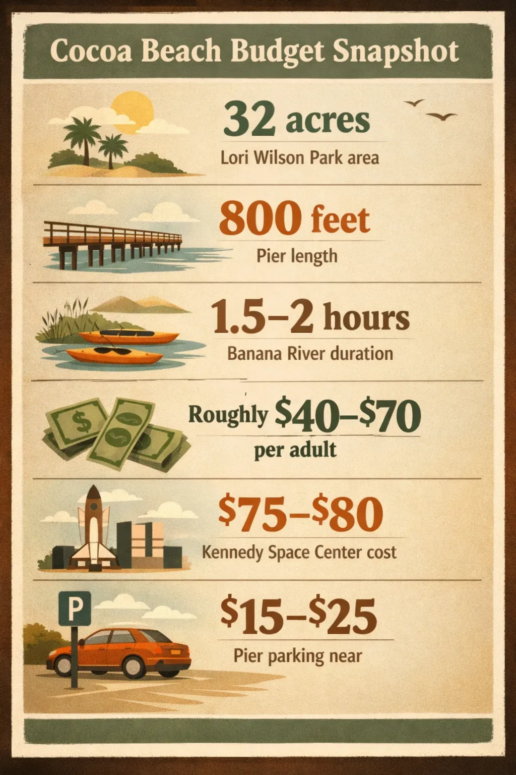 Infographic showing Cocoa Beach access points with six key figures: Lori Wilson Park area 32 acres, 800-foot pier, Banana