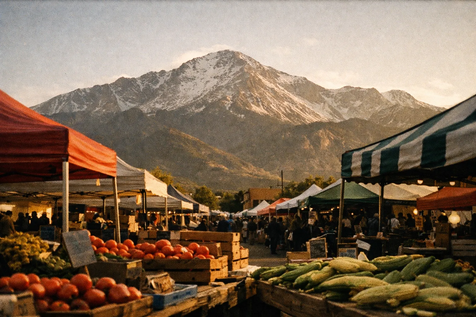 Farmers market stalls with fresh produce set against the backdrop of Pikes Peak in Colorado Springs.