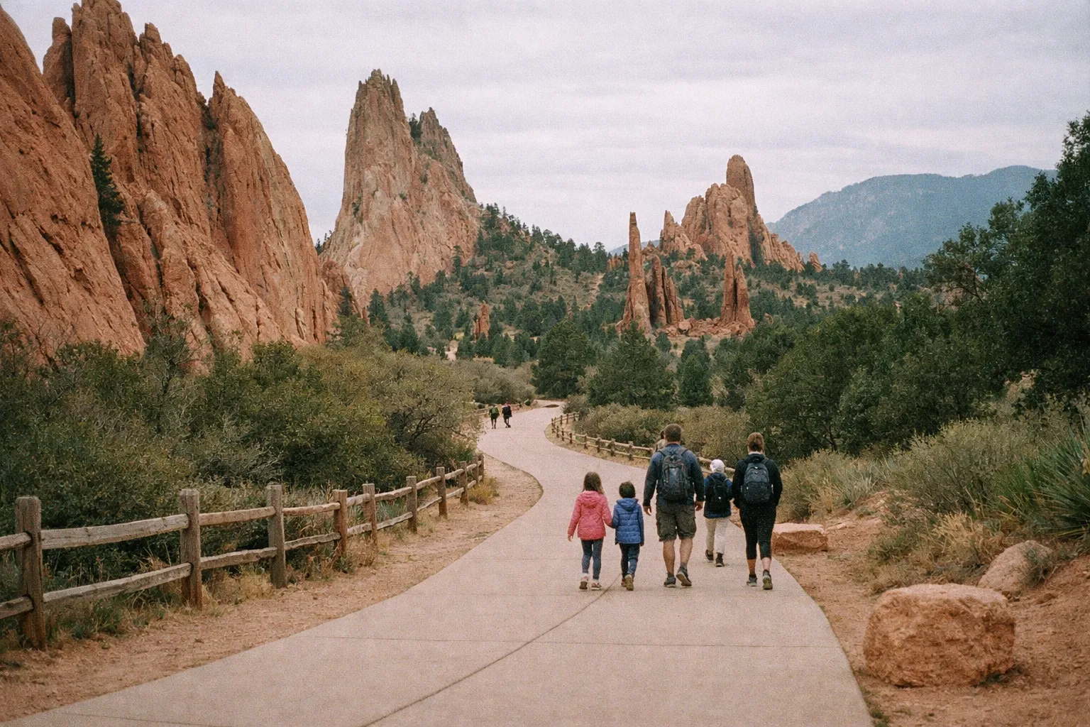 A family walks along a paved path through Garden of the Gods in Colorado Springs.