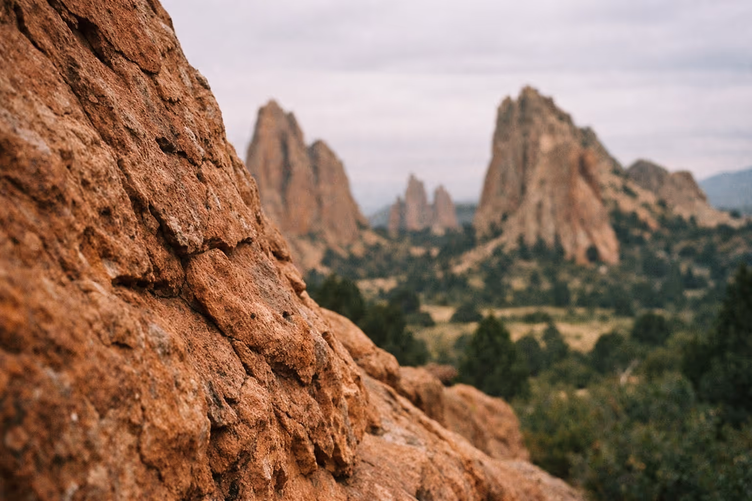 Red rock formations in Garden of the Gods with trees and cloudy sky in the background.