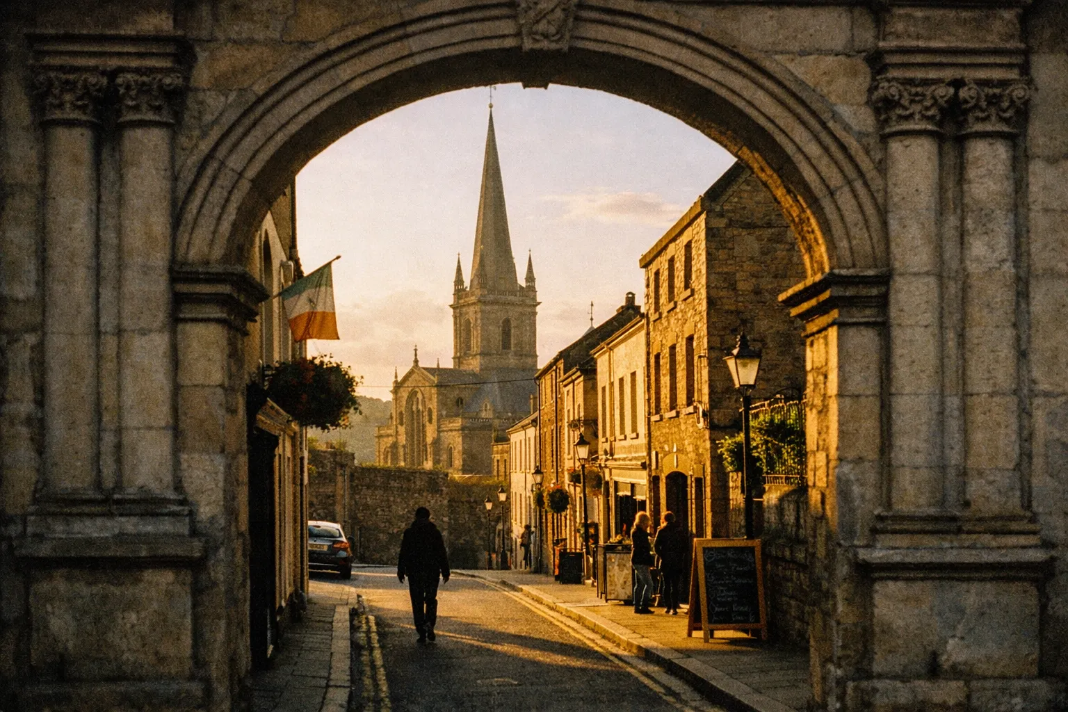 A person walks through a stone archway toward a church with a tall spire on a historic street in Derry.