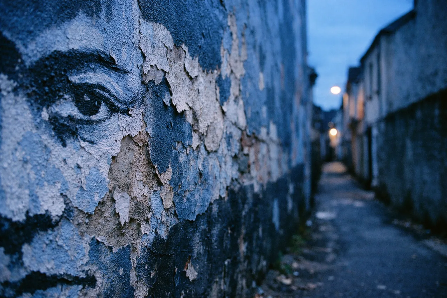 A mural of a face on a peeling wall in a narrow alleyway at dusk in Derry, Northern Ireland.