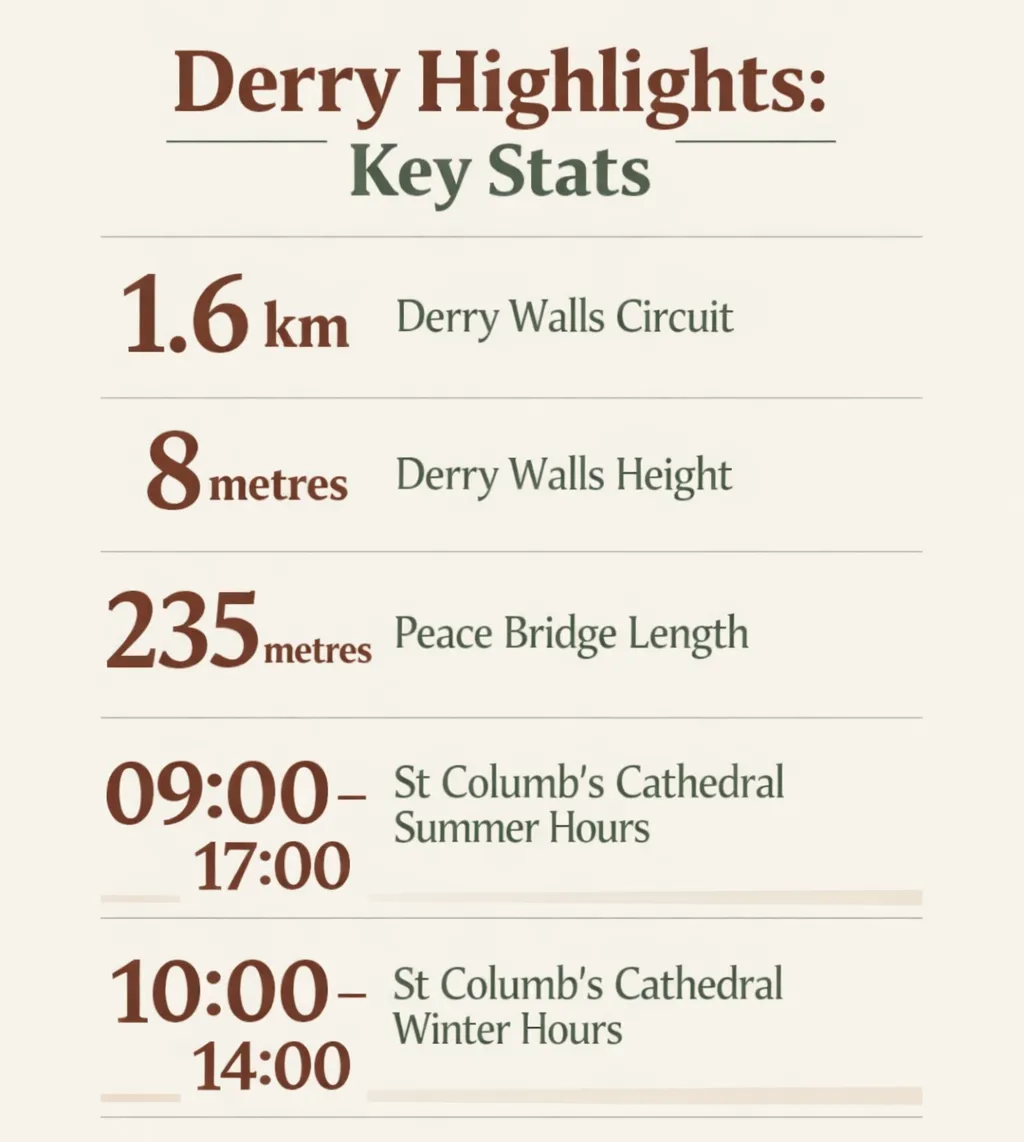 Derry key stats: 1.6 km walls circuit, 8 metre walls, 235 metre Peace Bridge, St Columb's Cathedral summer and winter hours.