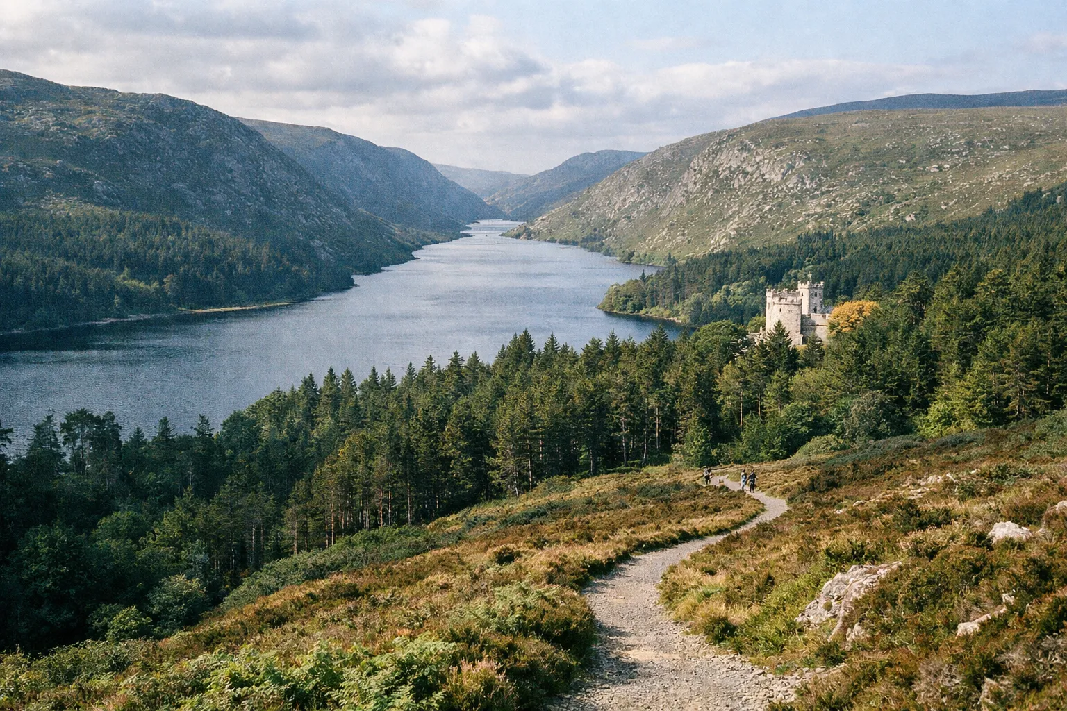 A winding trail leads through hills and forest towards Glenveagh Castle beside a lake in County Donegal, Ireland.