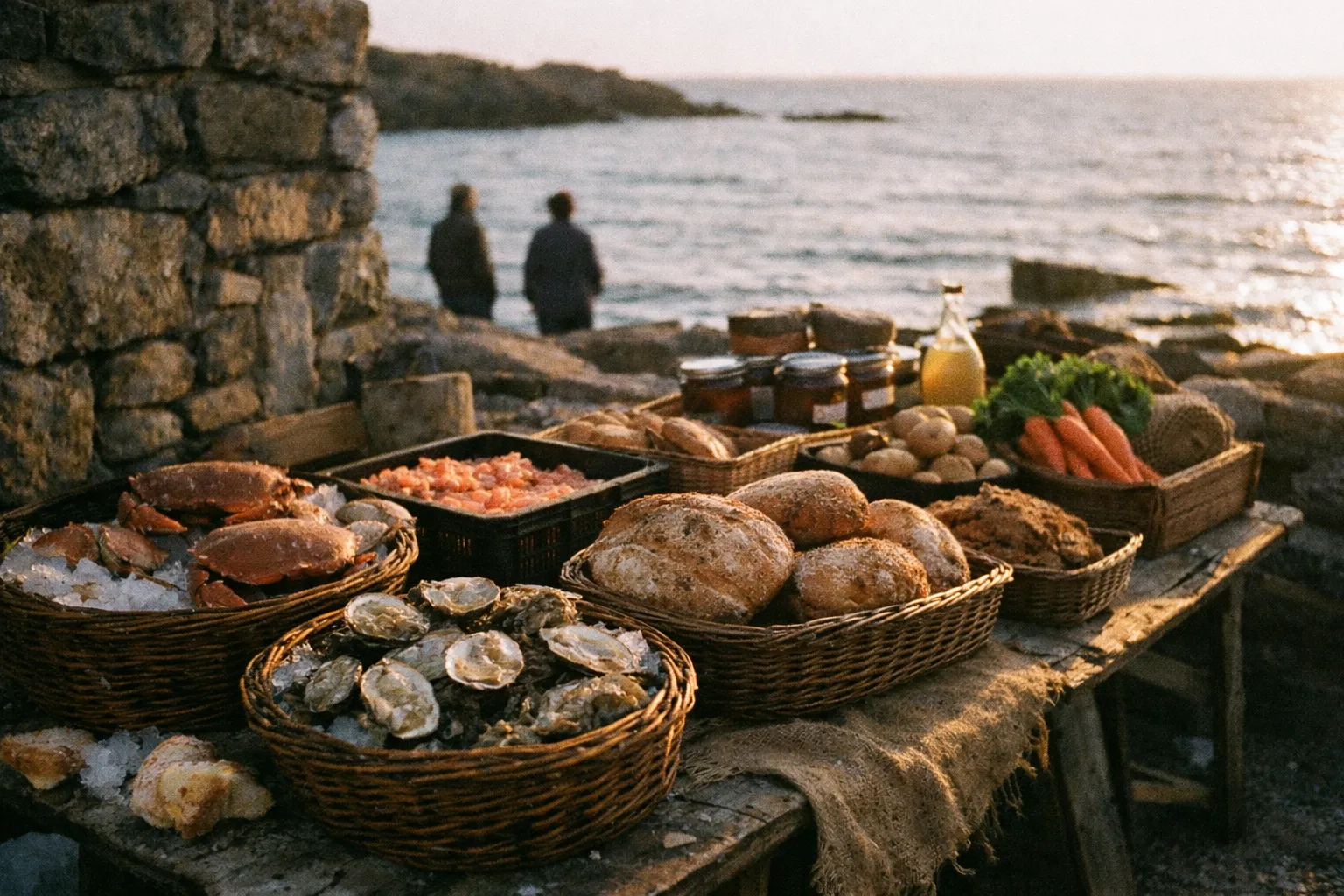 A rustic table with fresh seafood, bread, and produce overlooks a rocky coastline at sunset.