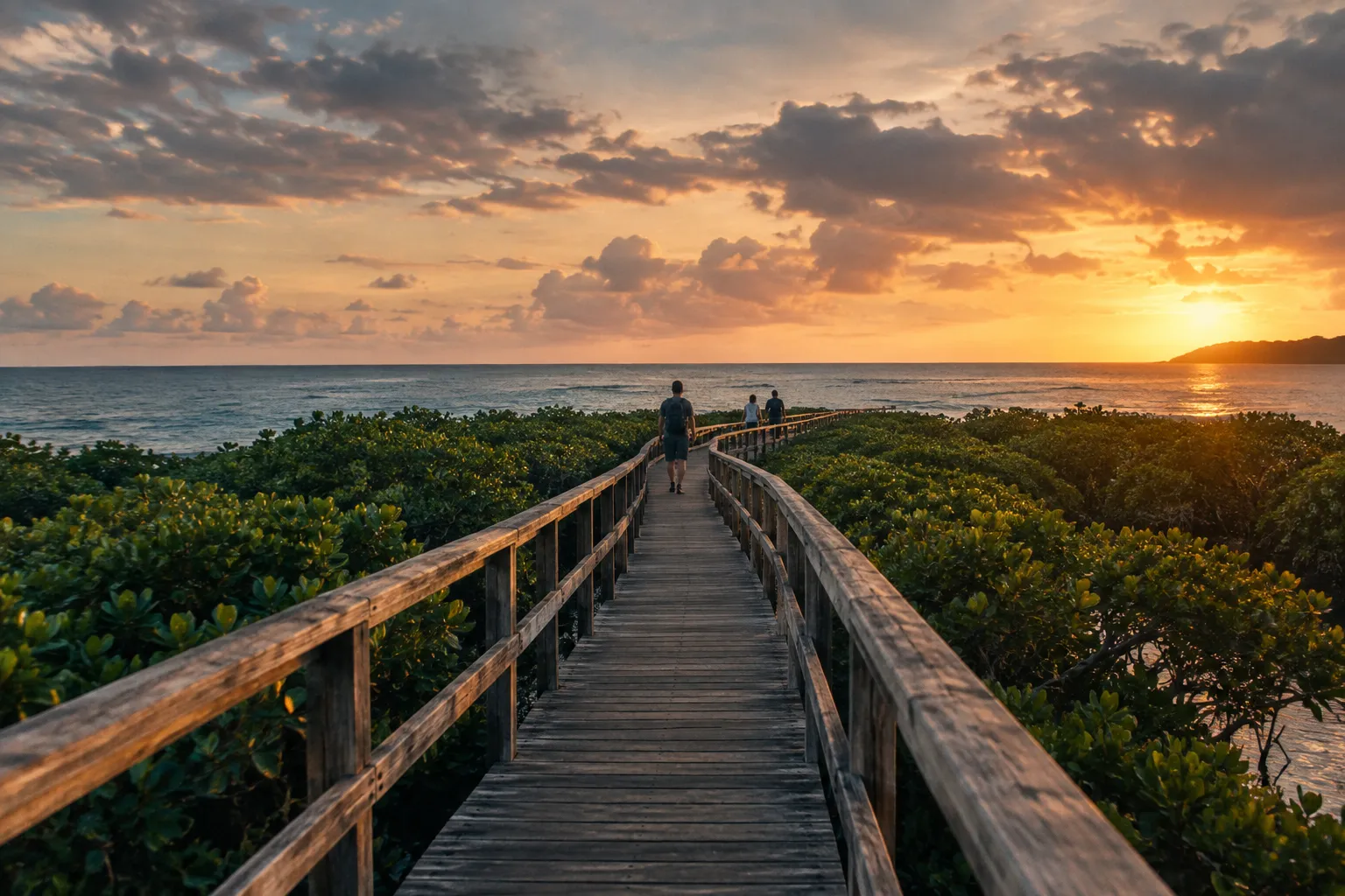 People walk along a wooden boardwalk through coastal vegetation toward the ocean at sunset.