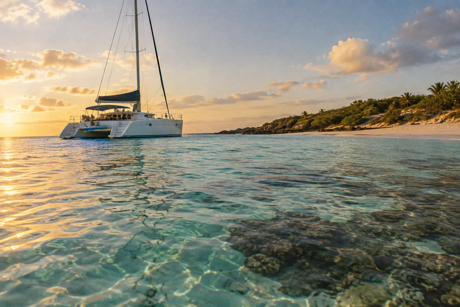 A catamaran sits off a sandy tropical island at sunset.