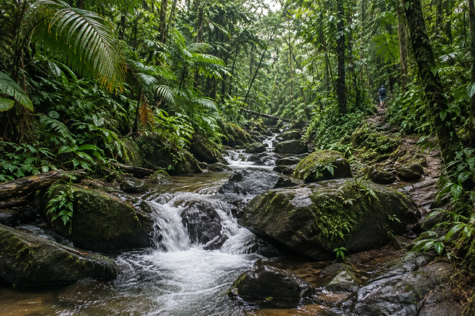 A hiker follows a rocky stream through a lush tropical forest.