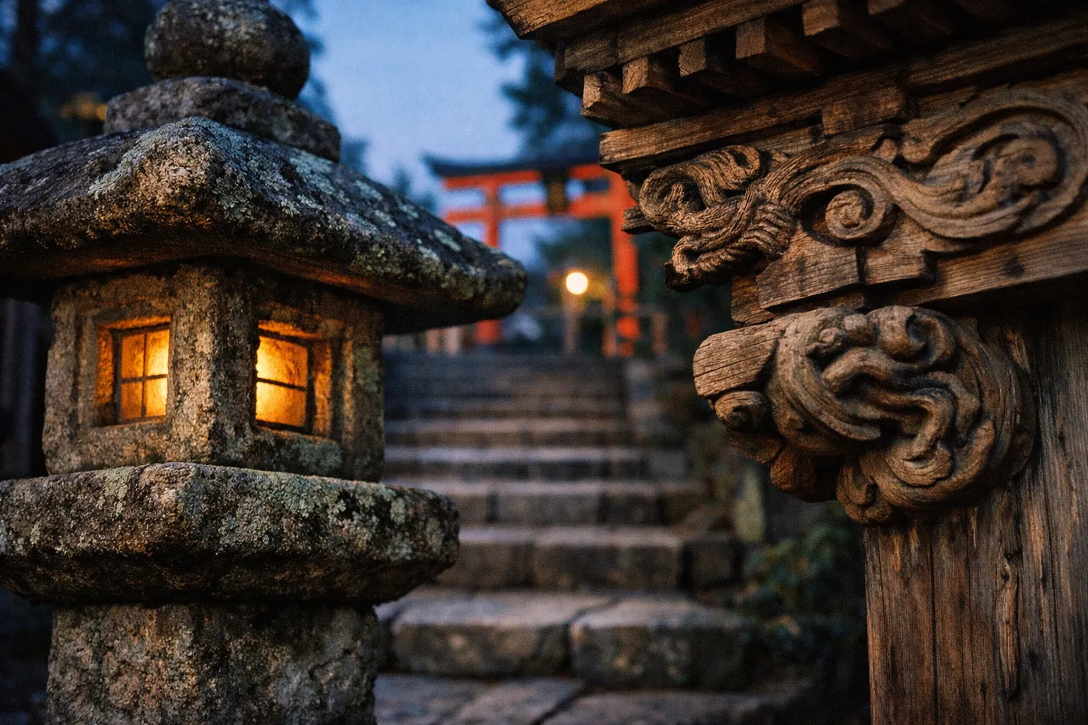 A stone lantern and wooden gate stand near stone steps leading to a red torii gate at a shrine in Fukuoka.