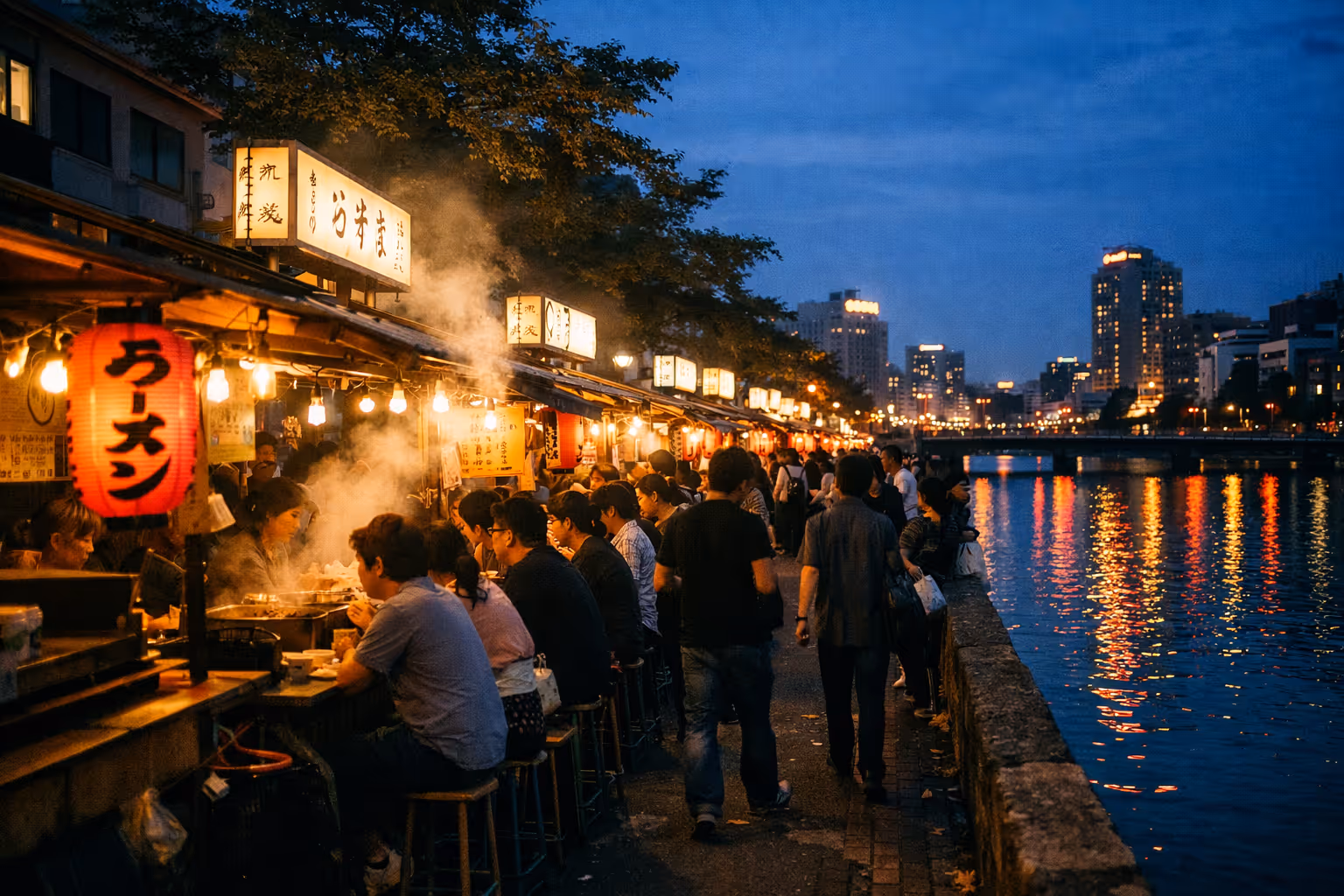 People dine at yatai food stalls along the riverside in Fukuoka at dusk.