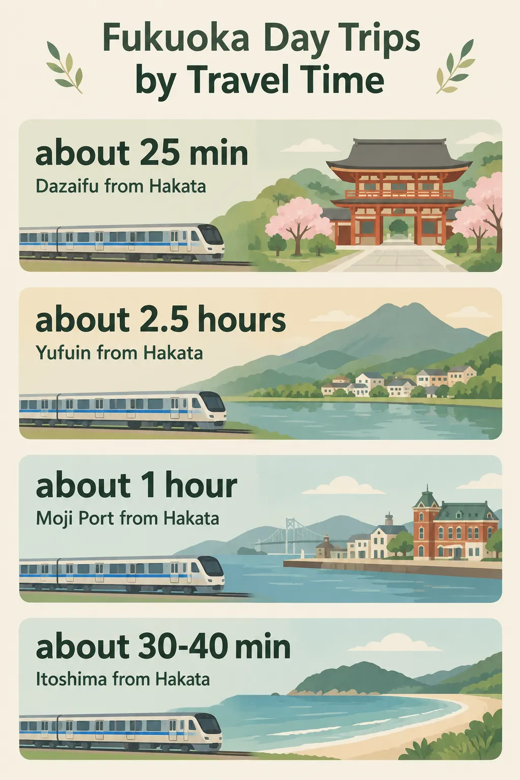 Day trips from Hakata: Dazaifu takes about 25 minutes, Yufuin about 2.5 hours, Moji Port about 1 hour
