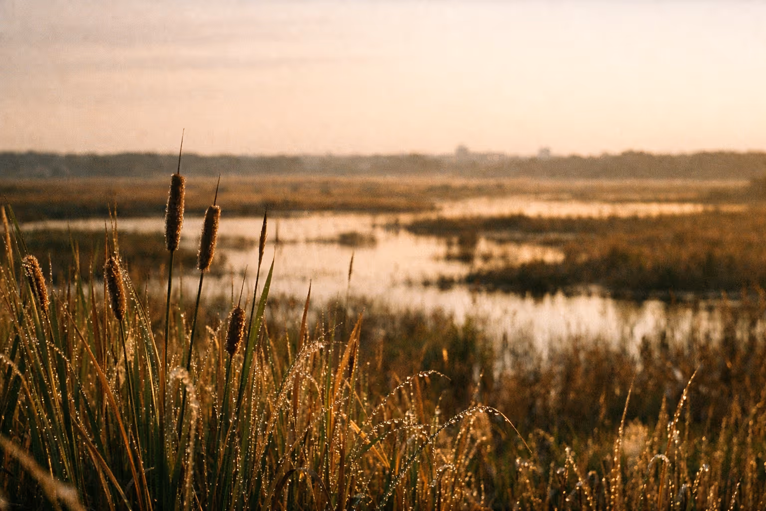 Golden hour landscape over Paynes Prairie wetlands near Gainesville, with tall grasses in foreground and a warm, dramatic sky